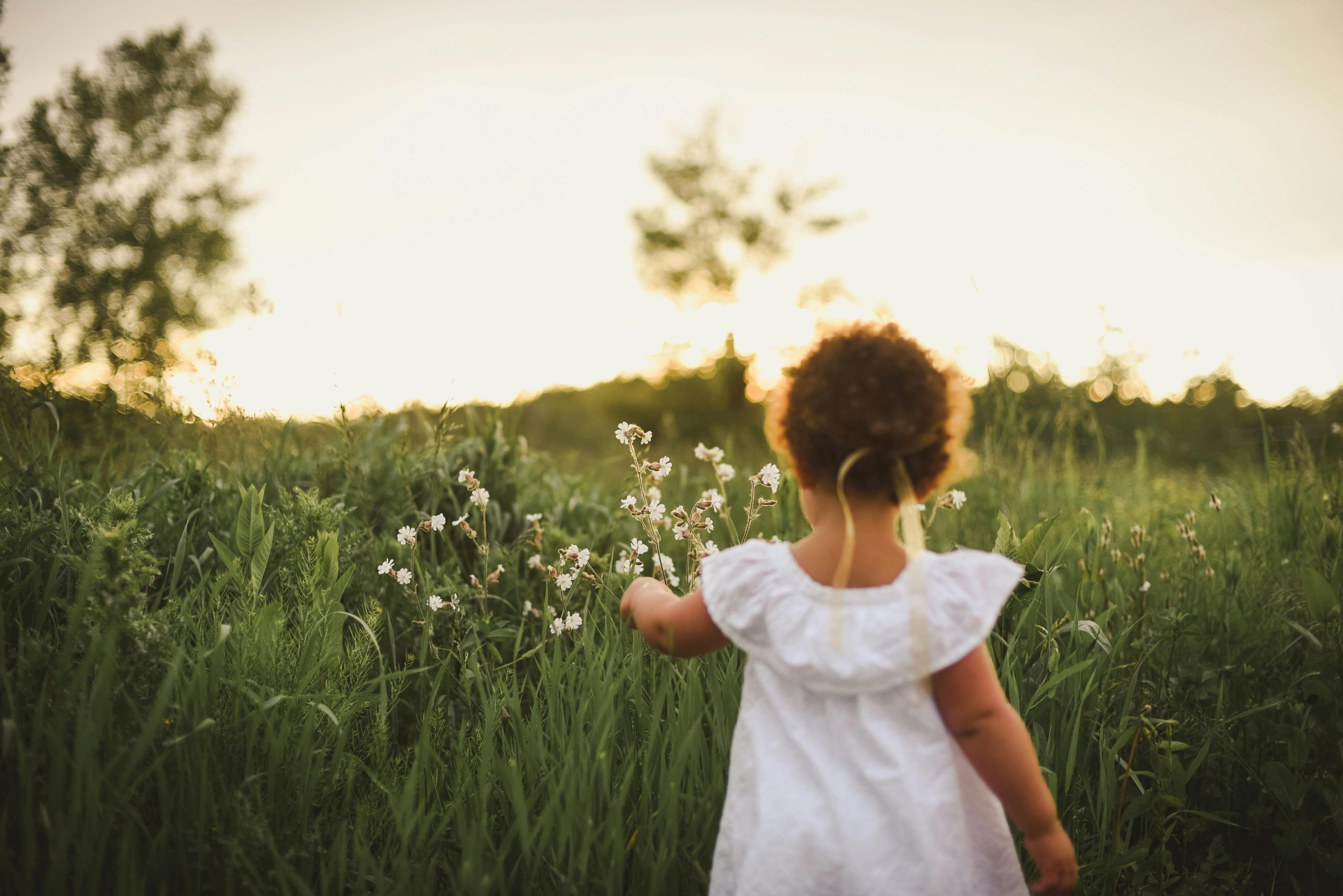 Young girl in a white dress exploring a sunlit summer field with wildflowers.